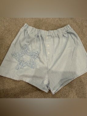Peach Love California Light Blue Pinstripe Star Appliqué High Waist Shorts